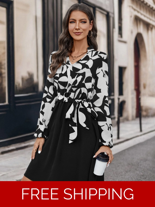 Contrast Notched Tie Front Long Sleeve Dress
